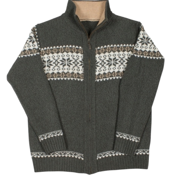 Men's Lumi Fair Isle Full Zip Green Tan Knit Zip Up Sweater